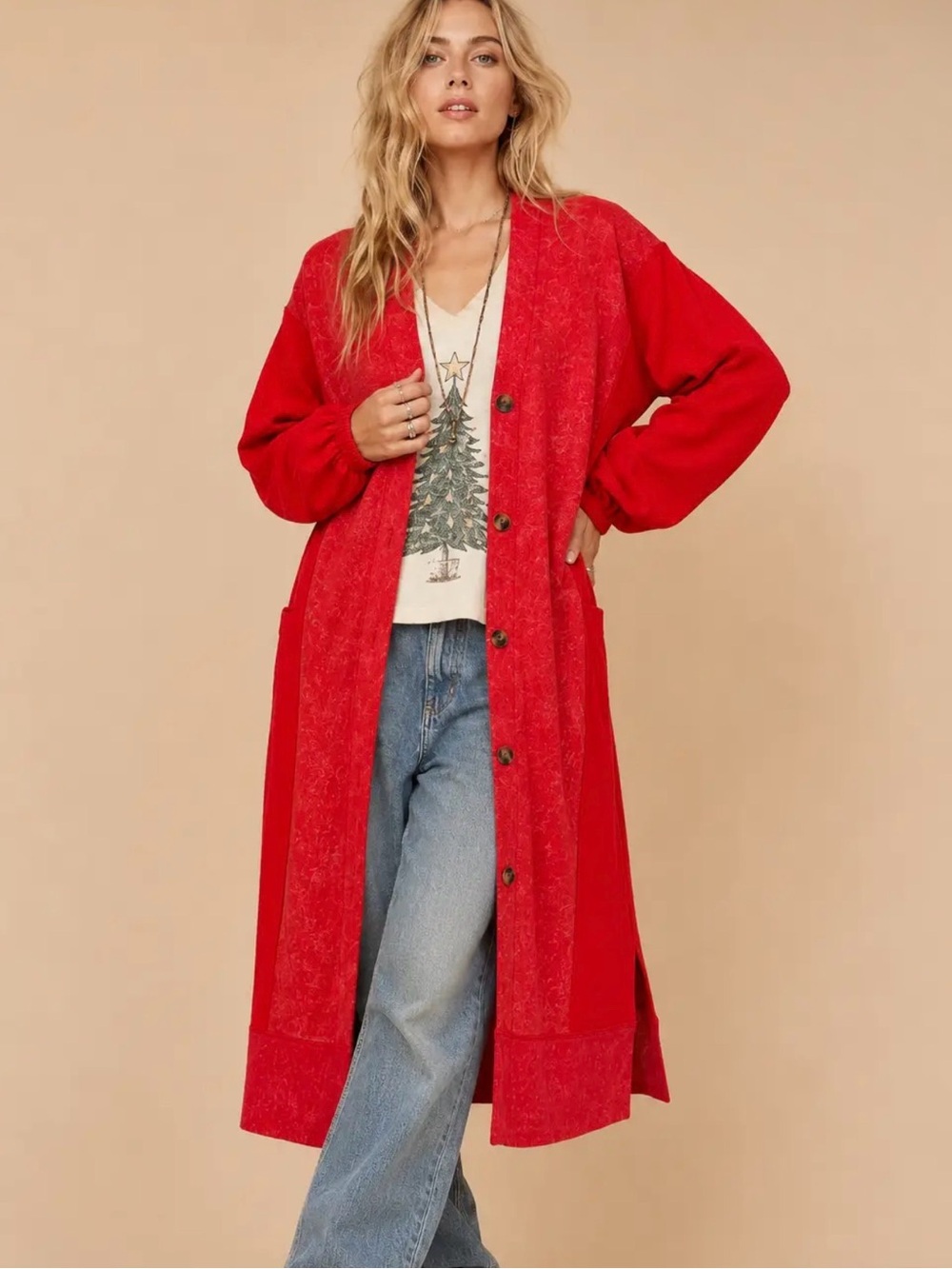 Red Long Button-Front Women's Cardigan Sweater